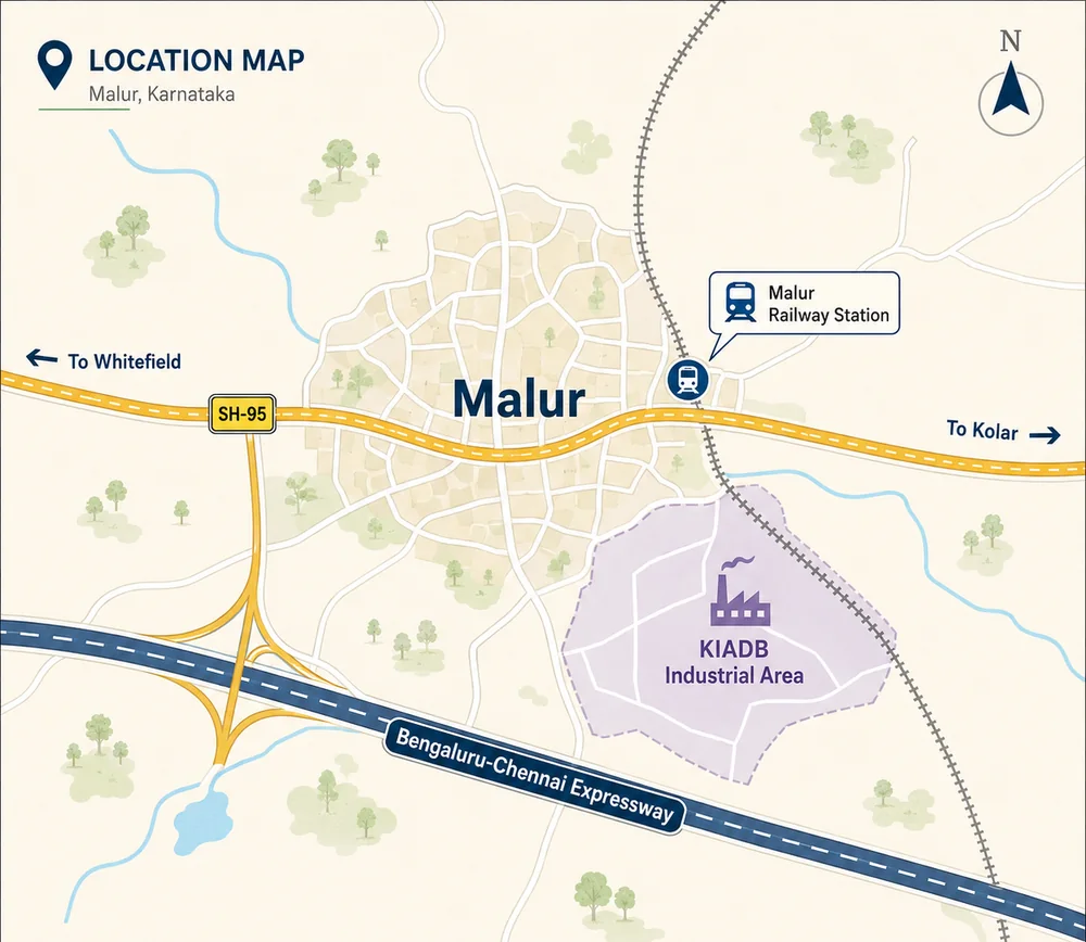 Godrej Plots Malur location map showing Malur town, SH-95, Malur railway station, the KIADB Industrial Area and the Bengaluru—Chennai Expressway